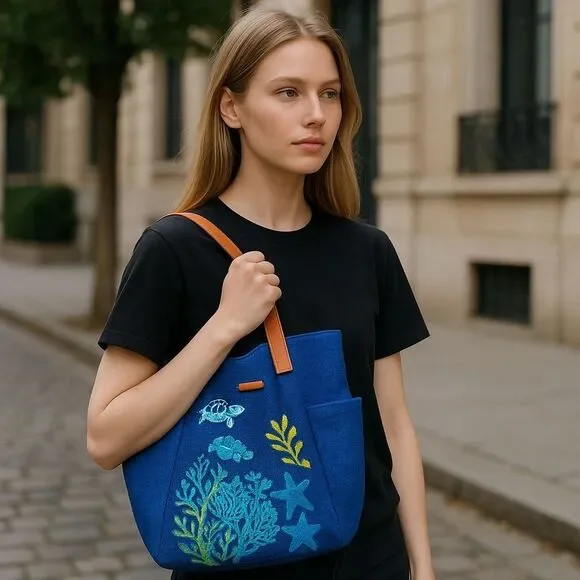 Vera Bradley Large Bag North South Straw Tote Blue Lyst Beach Bag Embroidered - Picture 15 of 15